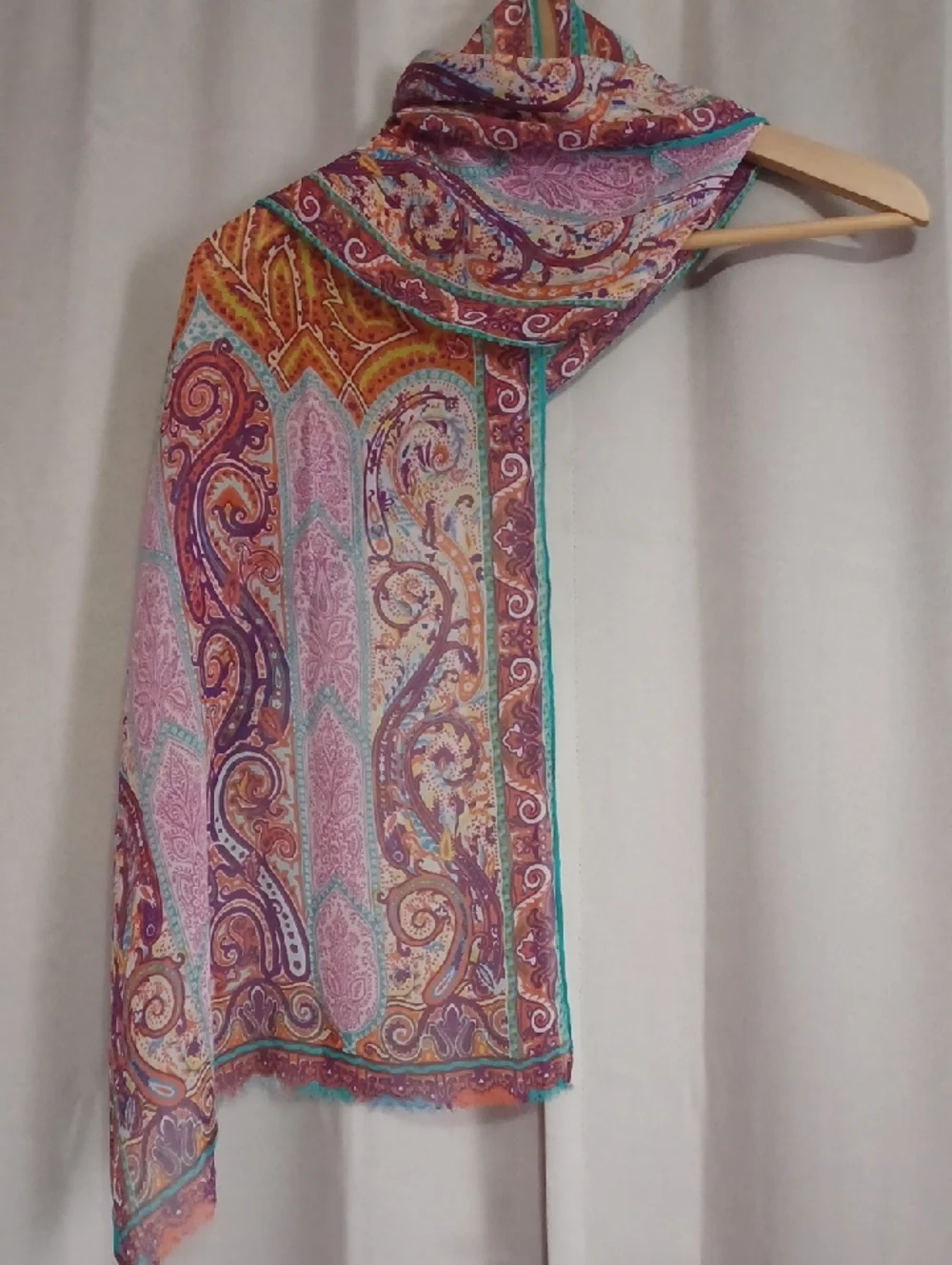 Etro Silk Ornate Paisley Scarf Shawl Wrap Fringe Italy Boho Luxe 50×15 Inches